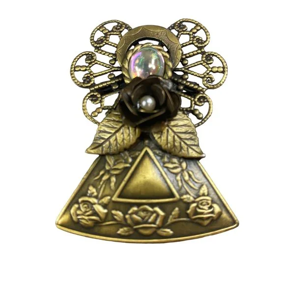 Angel Pin Brooch Marked KC Vintage Gold Tone Halo Rose Flower Guardian Christian - Picture 1 of 13